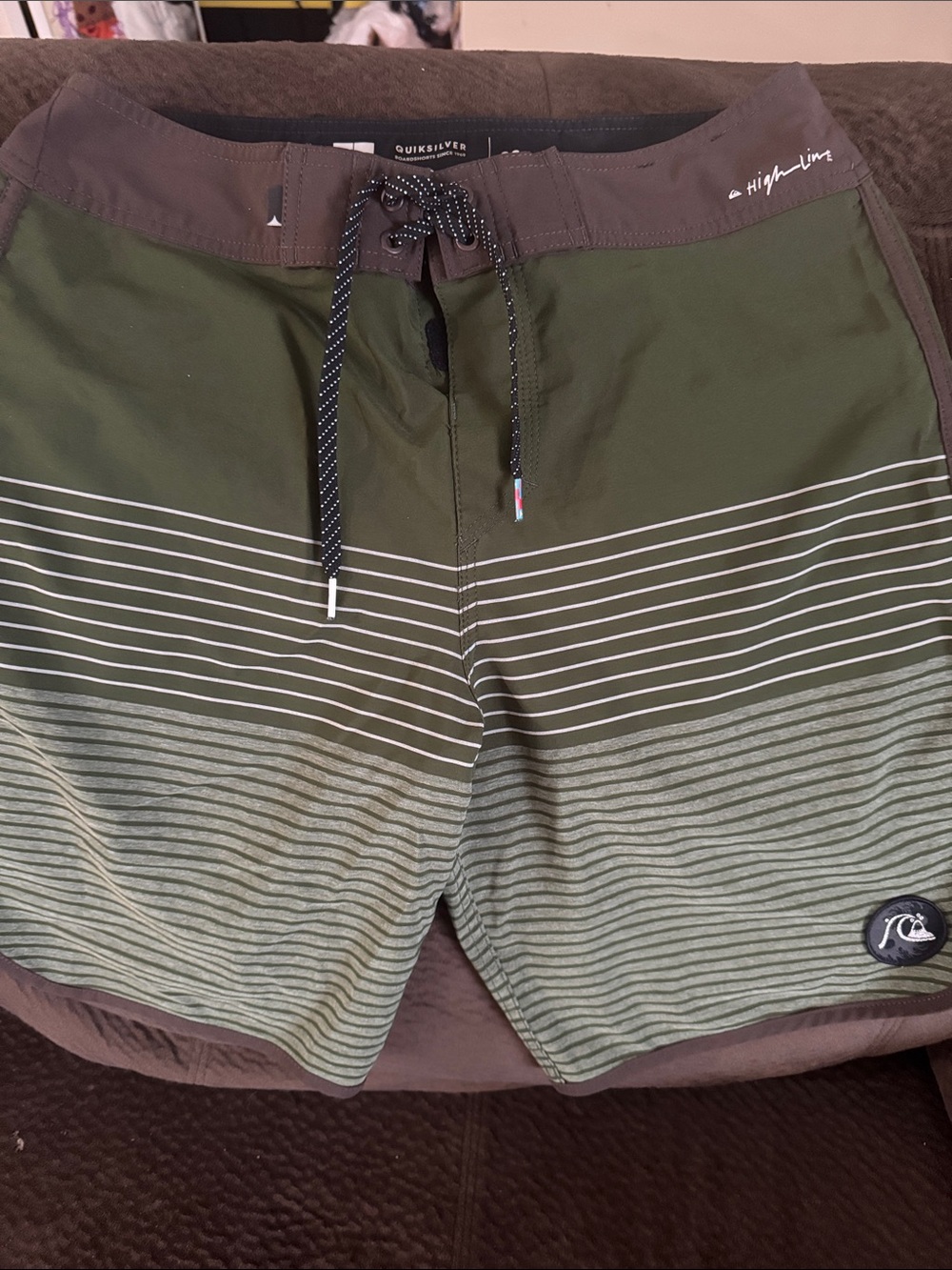Quiksilver Men’s Olive Green Stripe Swim Trunks